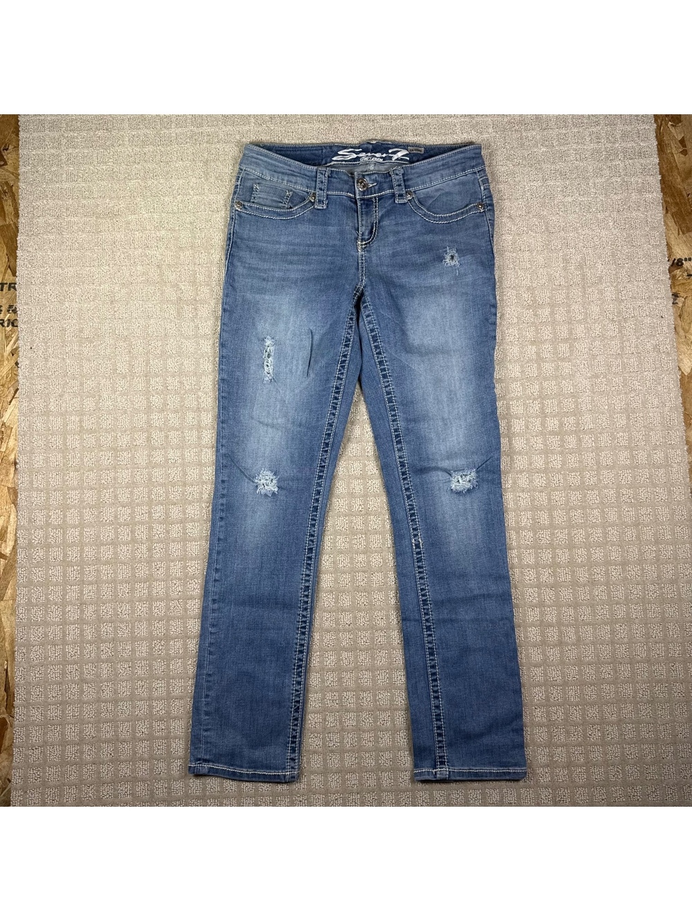 Seven7 Slim Straight Distressed Jeans 28 Blue Denim